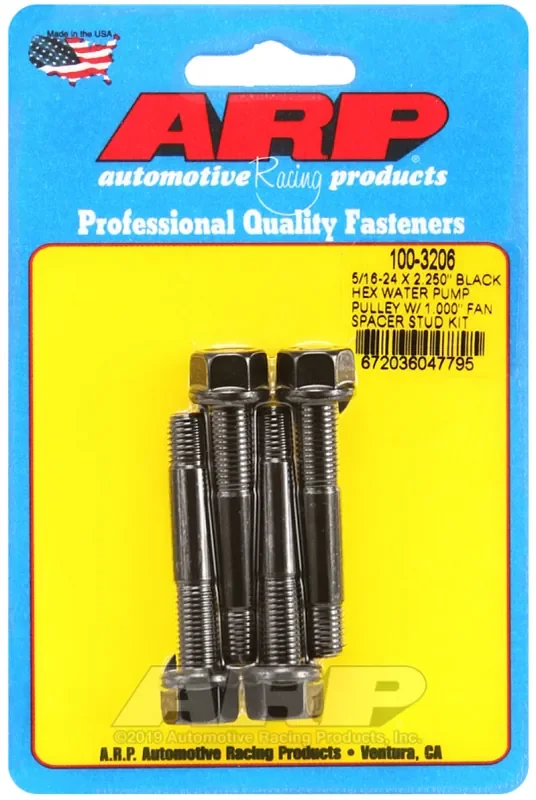 ARP 5/16-24 X 2.250 Black Hex Water Pump Pulley w/ 1.000in Fan Spacer Stud Kit 100-3206